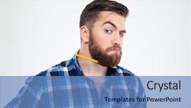  Presentation with vernier caliper bearing isolated - PPT theme having stupefaction - portrait of a funny man background and a teal colored foreground