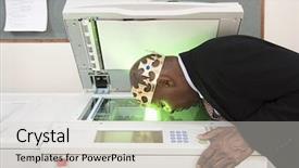  Presentation with happy sad face man - Amazing slide set having stupid - man photocopying face backdrop and a light gray colored foreground