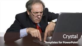  Presentation with laptop - Slide deck enhanced with stupid - mature business man working background and a tawny brown colored foreground