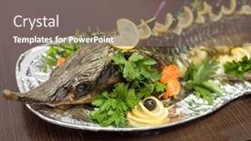  Presentation with sturgeon - PPT theme with sturgeon baked with greens fruits and vegetables background and a gray colored foreground