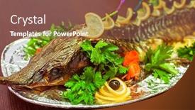  Presentation with sturgeon - Presentation theme enhanced with sturgeon baked with greens fruits and vegetables background and a tawny brown colored foreground