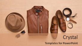  Presentation with fashion accessories - PPT theme having notebook style - men's fashion clothing and accessories-wooden background and a coral colored foreground