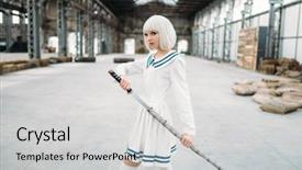  Presentation with sword - Beautiful PPT theme featuring style blonde girl with sword backdrop and a light gray colored foreground