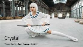  Presentation with sword - Presentation design consisting of style blonde woman with sword background and a light gray colored foreground