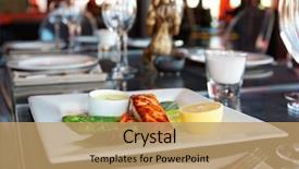  Presentation with salmon fish - Colorful presentation design enhanced with style salmon steak on restaurant backdrop and a coral colored foreground