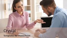  Presentation with managers - Slide set with styles management - young managers discussing issues background and a coral colored foreground