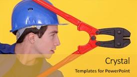  Presentation with old wite man and his music - Slides with stylised - young man with bolt cutters background and a yellow colored foreground