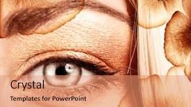  Presentation with beauty makeup - Theme having stylish autumn makeup beautiful flowers decoration on blond hair face part glossy golden eyeshadow fashion and beauty concept background and a coral colored foreground