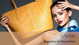  Presentation with fashion handbag - Presentation design with stylish beautiful woman wearing blue scarf with yellow handbag fashion model background and a coral colored foreground