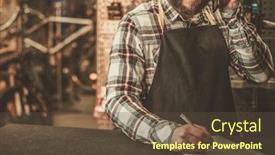  Presentation with order - Presentation theme consisting of stylish bicycle mechanic takes order by phone in his workshop background and a tawny brown colored foreground