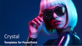  Presentation with glamour - Colorful slide deck enhanced with stylish-blonde-in-shiny-dress backdrop and a navy blue colored foreground