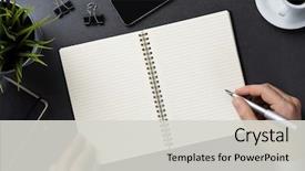  Presentation with business office desk - Theme featuring stylish businessman hand writing background and a light gray colored foreground