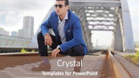  Presentation with railroad - Slides enhanced with stylish-man-in-blue-jacket background and a coral colored foreground