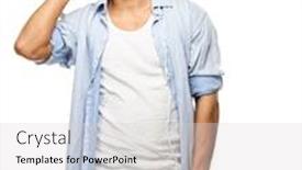  Presentation with blue music - Presentation design enhanced with stylish man in blue shirt and jeans listens music isolated on white background and a light gray colored foreground