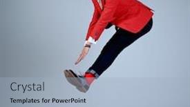  Presentation with red carpet retro style - Slide deck with stylish man in red jacket having fun jumping background and a light blue colored foreground