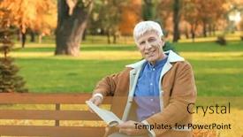  Presentation with man sitting bench - Slide set consisting of stylish mature man sitting on bench and reading newspaper in autumn park background and a gold colored foreground
