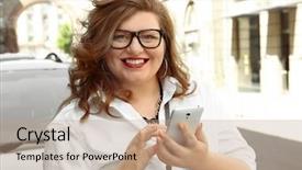  Presentation with mobile phone in woman hand - Audience pleasing presentation theme consisting of stylish overweight woman with mobile backdrop and a  colored foreground