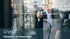  Presentation with pretty girl - Audience pleasing theme consisting of stylish pretty blonde girl holding a glass of alcohol drink in a cafe street reflection in window backdrop and a ocean colored foreground