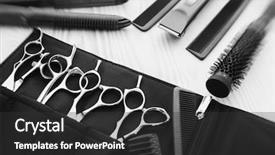  Presentation with hairdressing salon - PPT theme with stylish professional barber scissors background and a dark gray colored foreground