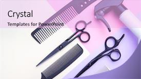  Presentation with hairdressing salon - Slide set enhanced with stylish professional barber scissors background and a lavender colored foreground