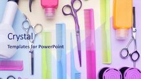  Presentation with hairdressing salon - Colorful presentation design enhanced with stylish professional barber scissors backdrop and a sky blue colored foreground