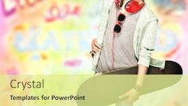  Presentation with active life - Beautiful PPT layouts featuring stylish teen boy with skateboard in hand and earphones on the neck over colorful background active guy has a cool hobby modern life of young people backdrop and a blonde colored foreground