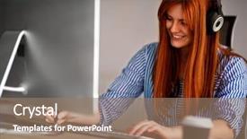  Presentation with educational web portal - PPT theme enhanced with stylish web-designer wearing headphones background and a coral colored foreground