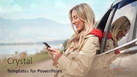  Presentation with smartphone - PPT theme featuring stylish-woman-calling-and-talking background and a coral colored foreground