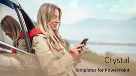  Presentation with smartphone - Presentation theme having stylish-woman-calling-and-talking background and a coral colored foreground