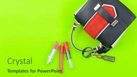  Presentation with cosmetics - Slide set enhanced with stylish woman handbag and cosmetics makeup accessories on green background background and a mint green colored foreground