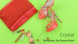  Presentation with cosmetics - Slide deck having stylish woman red handbag and cosmetics makeup accessories on green background background and a mint green colored foreground