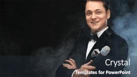  Presentation with microphone - Presentation design having stylish-young-man-holding background and a tawny brown colored foreground