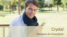  Presentation with man sitting bench - Amazing presentation theme having stylish young man sitting on park bench sending a text on a sunny day backdrop and a cream colored foreground