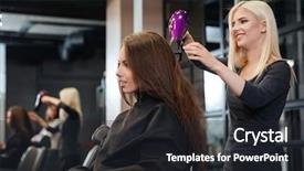  Presentation with hair salon - Slide deck with stylist drying hair of a female client at the beauty hair salon background and a dark gray colored foreground