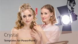  Presentation with hair care - PPT theme enhanced with stylist-makes-girl-s-hair background and a coral colored foreground