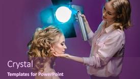 Presentation with hair care - PPT theme consisting of stylist-makes-girl-s-hair background and a violet colored foreground