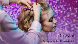  Presentation with hair care - Cool new PPT layouts with stylist-makes-girl-s-hair backdrop and a light blue colored foreground