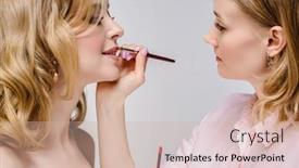  Presentation with girl model - Beautiful slide deck featuring stylist-paints-lips-of-woman backdrop and a soft green colored foreground