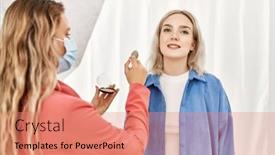  Presentation with ready - Slide set with stylist-woman-applying-make-up background and a coral colored foreground