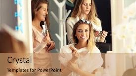  Presentation with real woman hair texture human - Colorful slides enhanced with stylistic - picture of happy woman backdrop and a coral colored foreground