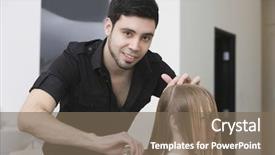  Presentation with hair salon - Presentation theme consisting of stylistic - portrait of male hairstylist combing background and a violet colored foreground