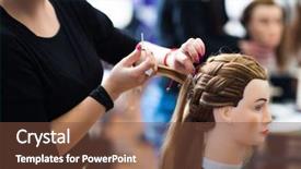  Presentation with apprentice - Amazing PPT theme having stylistic - pretty female hairdresser haidressing apprentice backdrop and a tawny brown colored foreground