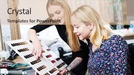  Presentation with hair color - Slides having stylistic - stylist helps female client background and a soft green colored foreground