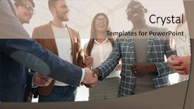  Presentation with stylized - Theme enhanced with stylized image handshake of international background and a coral colored foreground