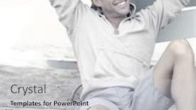  Presentation with stylized - Cool new PPT theme with stylized lifestyle portrait of a happy young man laughing and relaxing on the beach with an overall blue toning for cool effect backdrop and a light gray colored foreground