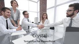  Presentation with stylized - Colorful slides enhanced with stylized photo handshake business partners backdrop and a light gray colored foreground