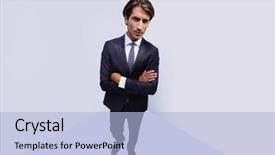  Presentation with stylized - Slides enhanced with stylized photo of serious businessman background and a light blue colored foreground