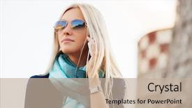  Presentation with cell - Slide set consisting of styllish mobile - blond fashion business woman calling background and a mint green colored foreground