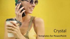  Presentation with colored parachute woman - Cool new PPT theme with styllish young woman on cellphone backdrop and a  colored foreground