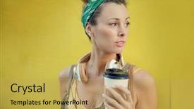  Presentation with young man and a woman - Colorful slides enhanced with styllish young woman with takeaway backdrop and a yellow colored foreground